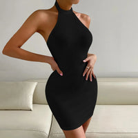 Women's sexy backless stand up collar sleeveless hip hugging dress