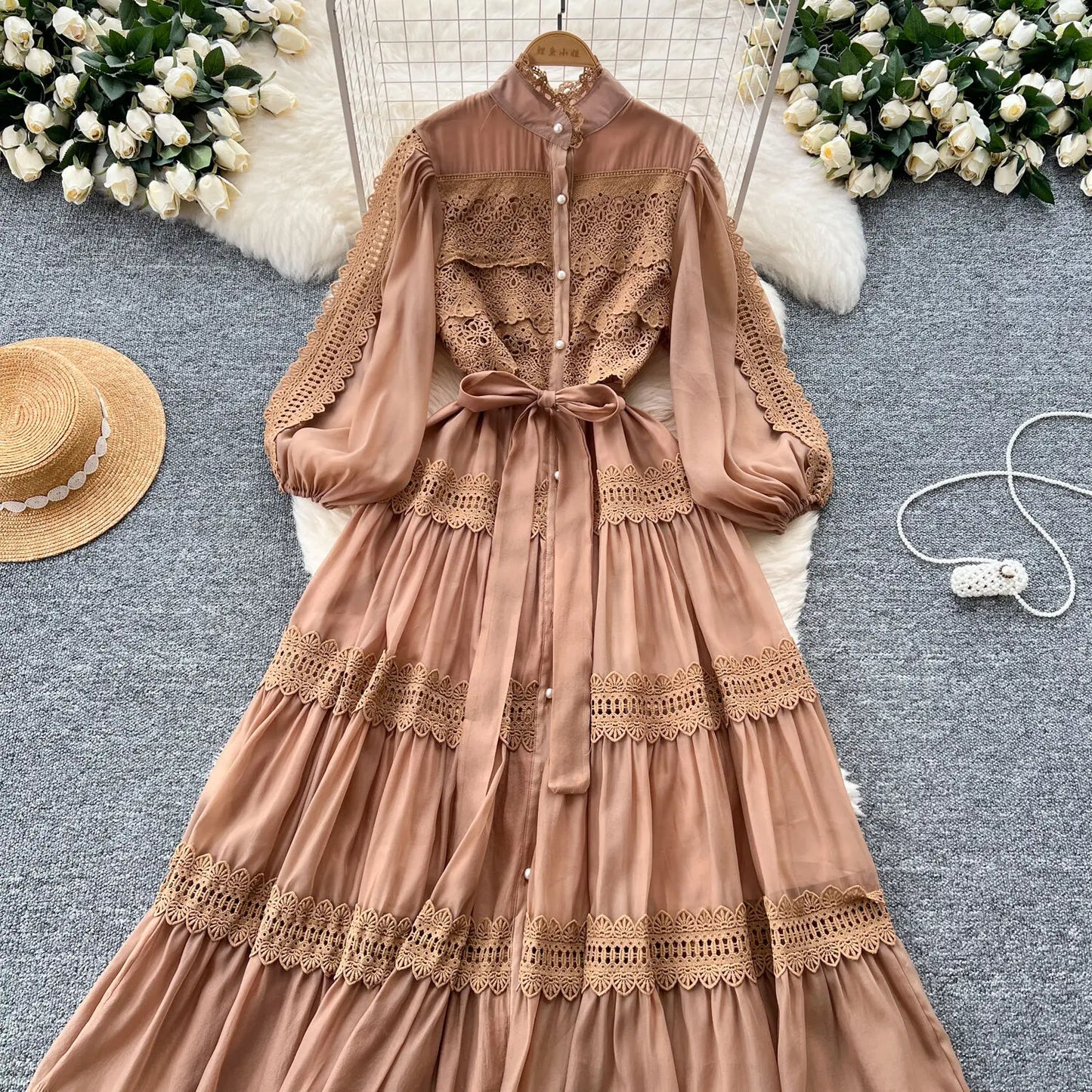 Elegant Hollow Out Organza Long Maxi Dresses Shirt Women  Layer Ruffle Full Sleeve Pearl Evening Party Dress