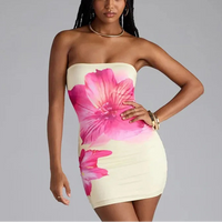 Summer Sexy Waist-Cinching Floral Dress Beach Sand Beach Crossbody Strapless Short Skirt Polyester Fabric Street Style
