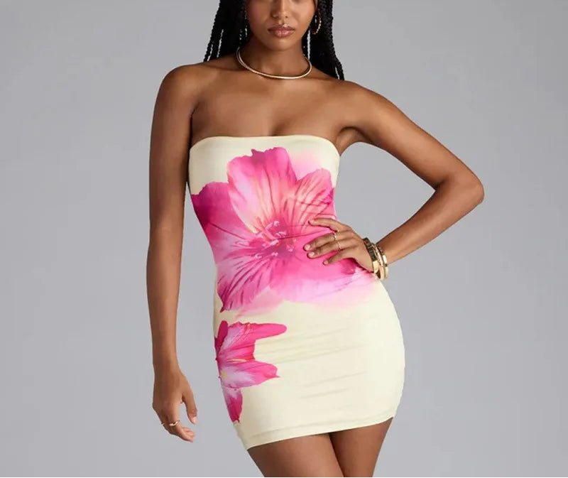 Summer Sexy Waist-Cinching Floral Dress Beach Sand Beach Crossbody Strapless Short Skirt Polyester Fabric Street Style