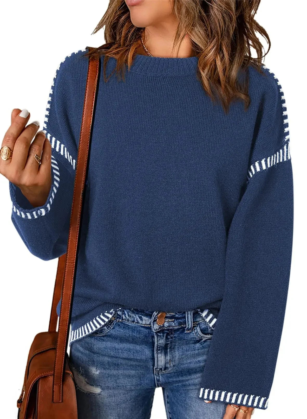 Women's Loose Long Sleeve Crew Neck Knitted Sweater Thickened Polyester Fiber Pure Color Tassel Knitwear