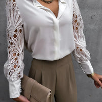 women's solid color lace stitching shirt with Bubble Sleeves embroidery cut out shirt for women
