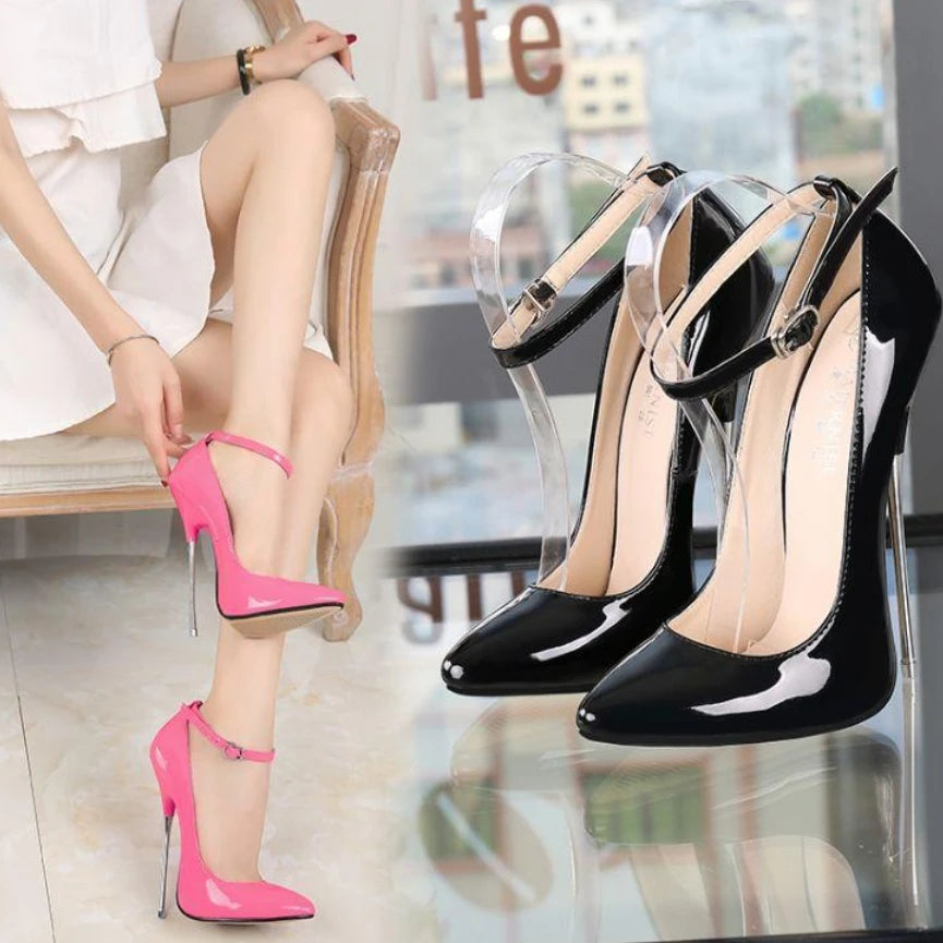 Ultra-thin Super High Heel, pointed Toe, Ankle wrist strap, metal heel sexy women shoes pumps