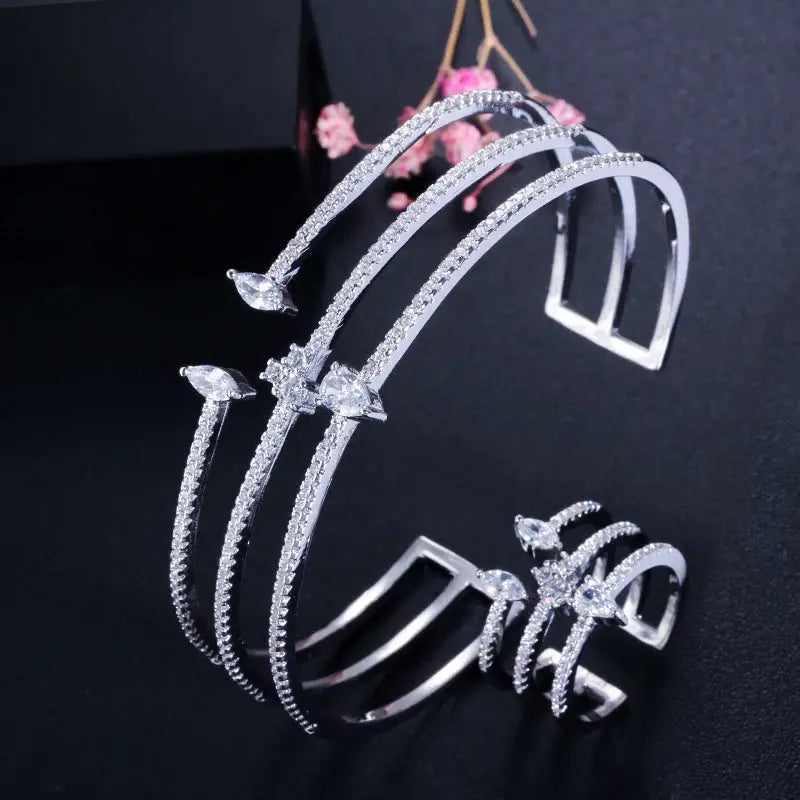 Shiny Cubic Zirconia Fashion White Gold Color Open Size Thin Bangle and Ring  Jewelry Set for Women Natalia Home Fashion    Natalia Home Fashion