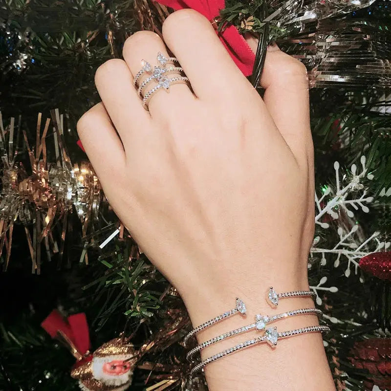 Shiny Cubic Zirconia Fashion White Gold Color Open Size Thin Bangle and Ring  Jewelry Set for Women Natalia Home Fashion    Natalia Home Fashion