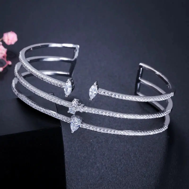 Shiny Cubic Zirconia Fashion White Gold Color Open Size Thin Bangle and Ring  Jewelry Set for Women Natalia Home Fashion    Natalia Home Fashion