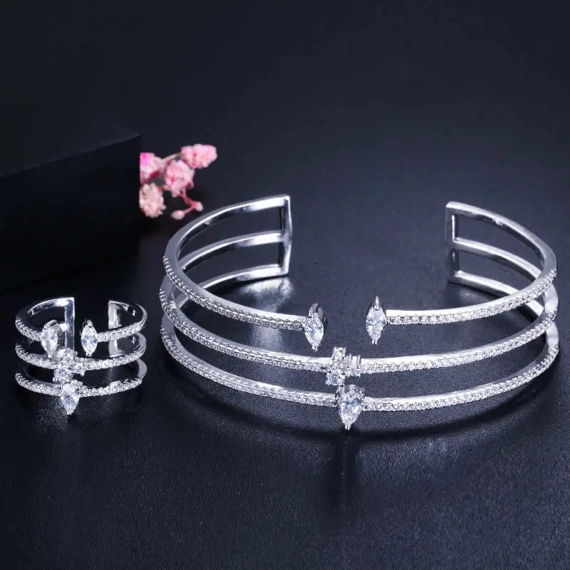 Shiny Cubic Zirconia Fashion White Gold Color Open Size Thin Bangle and Ring  Jewelry Set for Women Natalia Home Fashion    Natalia Home Fashion