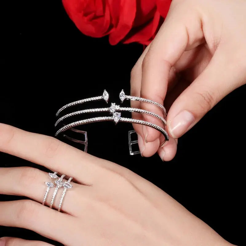 Shiny Cubic Zirconia Fashion White Gold Color Open Size Thin Bangle and Ring  Jewelry Set for Women Natalia Home Fashion    Natalia Home Fashion