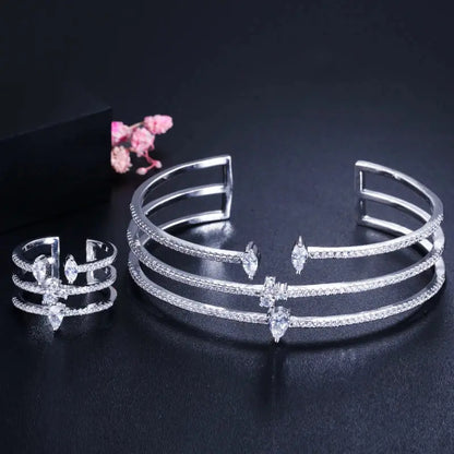 Shiny Cubic Zirconia Fashion White Gold Color Open Size Thin Bangle and Ring  Jewelry Set for Women Natalia Home Fashion   White-gold-color Natalia Home Fashion