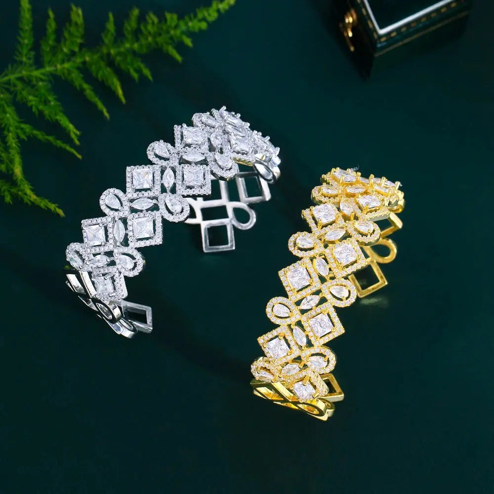 Shiny Cubic Zirconia Geometric Shape Big Open Cuff Bangle for Women Bridal Wedding Jewelry Natalia Home Fashion    Natalia Home Fashion