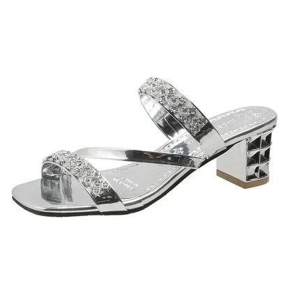Shiny Women's Sandals  Crystal High Heels Party Shoes Woman Comfortable Thick Heel Slides Sandal Natalia Home Fashion   Silver-42 Natalia Home Fashion