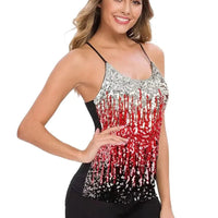Women’s Sequin Tops Glitter Party Strappy Tank Top Sparkle Scoop Neck Sleeveless Adjustable Straps Gradient Cami Club Disco