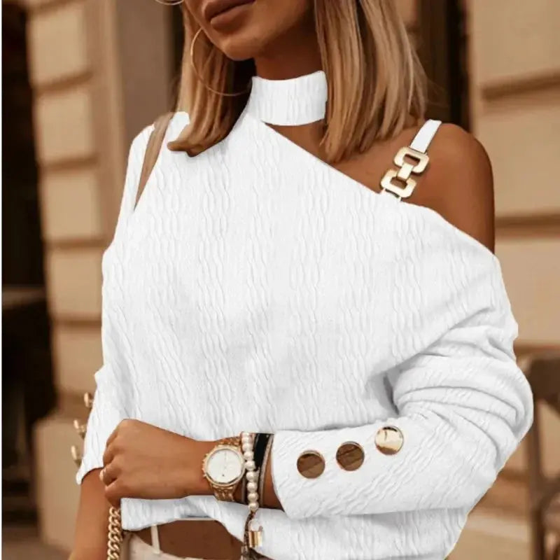 Spring Autumn Sexy Off Shoulder Shirt Chain Hanging Neck Button tops Fashion Elegant Women's White Blouse Feminine Clothing Natalia Home Fashion    Natalia Home Fashion