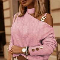 Spring Autumn Sexy Off Shoulder Shirt Chain Hanging Neck Button tops Fashion Elegant Women's White Blouse Feminine Clothing Natalia Home Fashion    Natalia Home Fashion