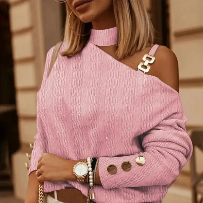 Spring Autumn Sexy Off Shoulder Shirt Chain Hanging Neck Button tops Fashion Elegant Women's White Blouse Feminine Clothing Natalia Home Fashion    Natalia Home Fashion