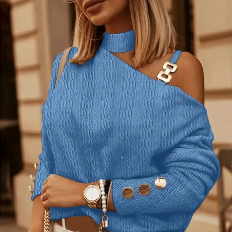 Spring Autumn Sexy Off Shoulder Shirt Chain Hanging Neck Button tops Fashion Elegant Women's White Blouse Feminine Clothing Natalia Home Fashion    Natalia Home Fashion