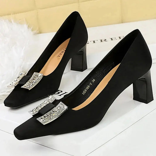 Square Head Women Pumps Rhinestone Heels Ladies Shoes Thick Heel Office Shoes Fashionable High Heels Shoes Natalia Home Fashion    Natalia Home Fashion