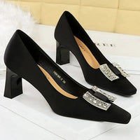 Square Head Women Pumps Rhinestone Heels Ladies Shoes Thick Heel Office Shoes Fashionable High Heels Shoes Natalia Home Fashion    Natalia Home Fashion