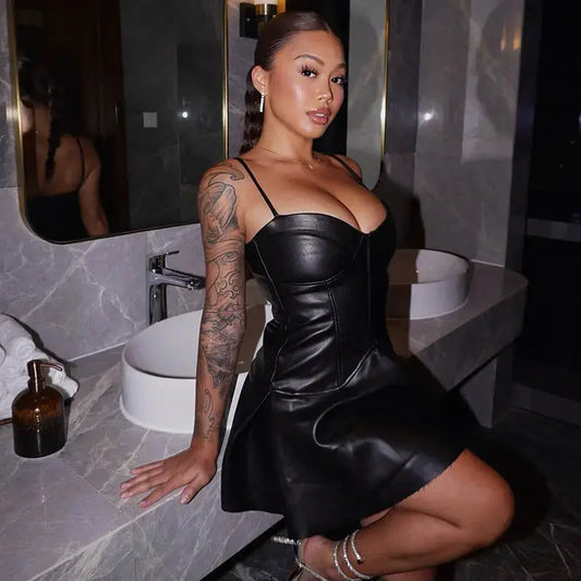 Street Style Y2K sleeveless clubwear Sexy Waist short bodycon tight black ladies mini PU Leather Cami Dress for Women My Store