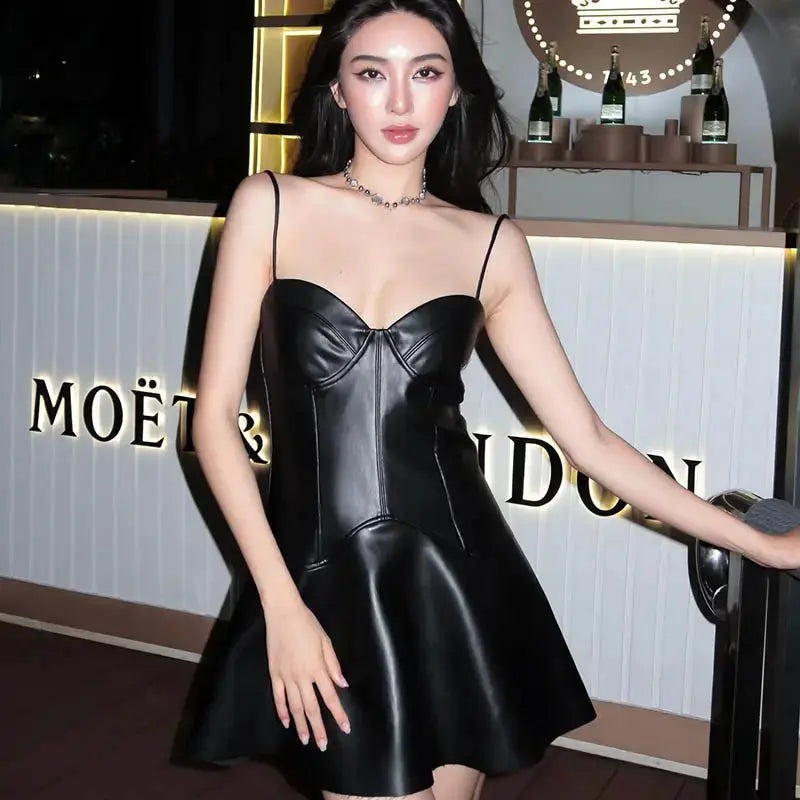 Street Style Y2K sleeveless clubwear Sexy Waist short bodycon tight black ladies mini PU Leather Cami Dress for Women My Store