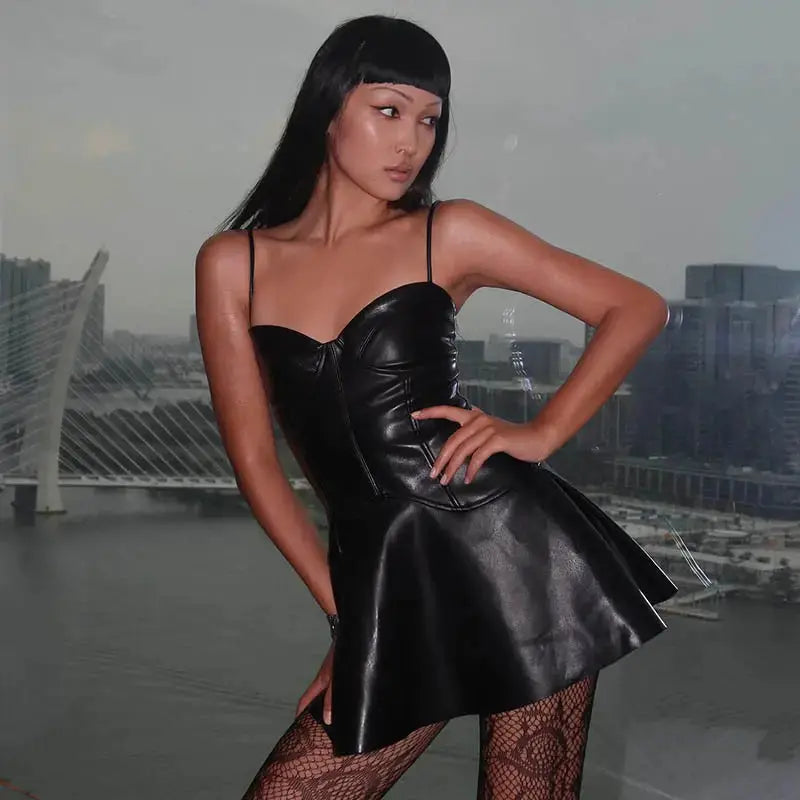 Street Style Y2K sleeveless clubwear Sexy Waist short bodycon tight black ladies mini PU Leather Cami Dress for Women My Store