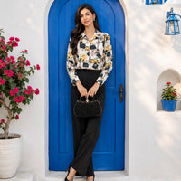 Print Lady Blouse Buttons Long Sleeve Sateen Shirt Elegant Fashion All-match Blouse Top Women