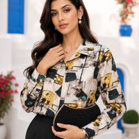 Print Lady Blouse Buttons Long Sleeve Sateen Shirt Elegant Fashion All-match Blouse Top Women