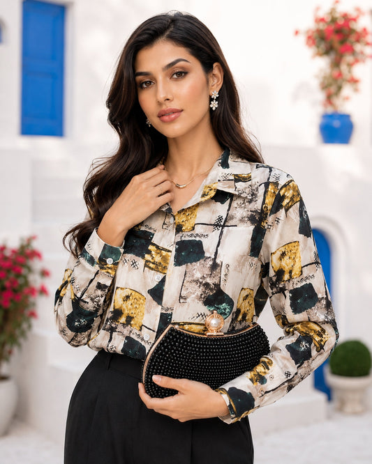 Print Lady Blouse Buttons Long Sleeve Sateen Shirt Elegant Fashion All-match Blouse Top Women Natalia Home Fashion    Natalia Home Fashion