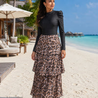 3pcs Muslim Burkini Modest swimsuit Black Long Sleeved Ladies Swimwear with Long Leopard Printed Dress beach swimsuit