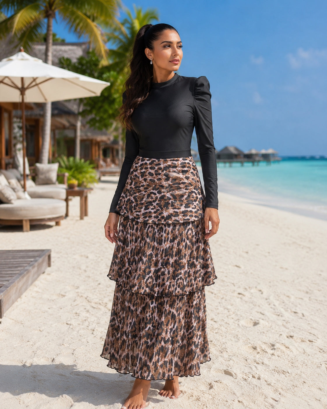 3pcs Muslim Burkini Modest swimsuit Black Long Sleeved Ladies Swimwear with Long Leopard Printed Dress beach swimsuit
