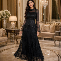 Black Lace Mermaid Elegant Evening Dress for Women High Neck Long Sleeve Sequins Party Dresses Prom Gowns Wedding