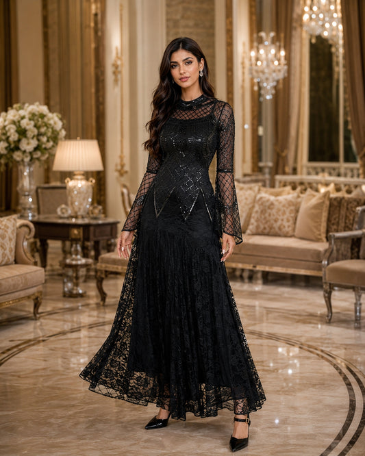 Black Lace Mermaid Elegant Evening Dress for Women High Neck Long Sleeve Sequins Party Dresses Prom Gowns Wedding