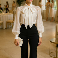 Style Shirt Female Bow Tie Collar Retro Bubble Long-Sleeved Elegant Blouse Women translucent