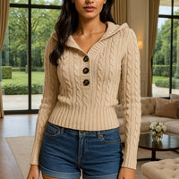 Casual And Relaxed Three-button Hooded Jumper For Women Thickened Knit Cable-knit Vintage Waist-cinching Cardigan