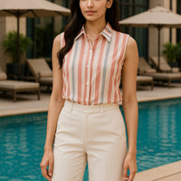 Stripe Women Blouse Casual Shirts Summer Female Clothing Sleeveless  Elegant and Youth Woman Blouses Basic Shirts and Blouses