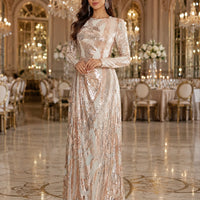 Round Neck Long Sleeved Sequin A Line Evening Dress Banquet Prom Maxi Wedding Bride Dress