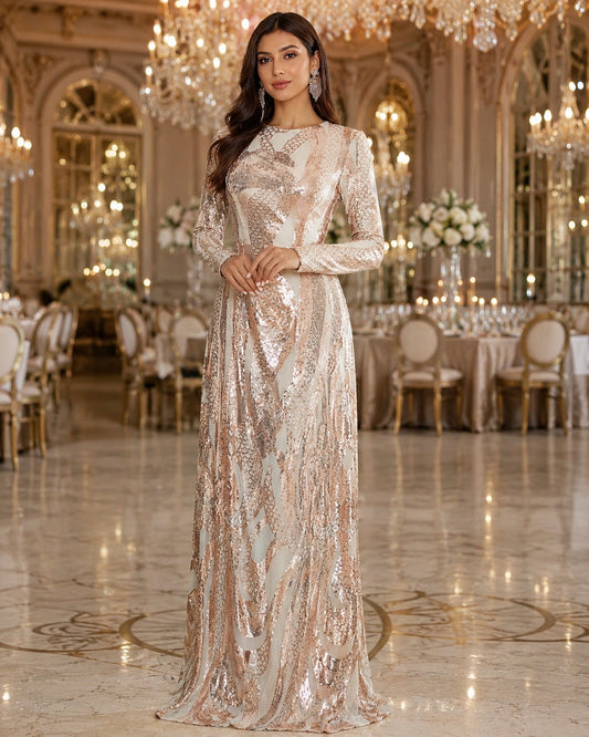 Round Neck Long Sleeved Sequin A Line Evening Dress Banquet Prom Maxi Wedding Bride Dress