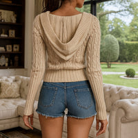 Casual And Relaxed Three-button Hooded Jumper For Women Thickened Knit Cable-knit Vintage Waist-cinching Cardigan