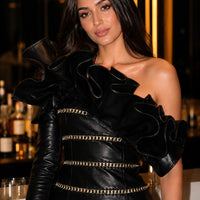 Elegant Socialite Fashion New Heavy Chain Three-Dimensional Ruffle Off-Shoulder Leather Dress Sexy Mini Dress