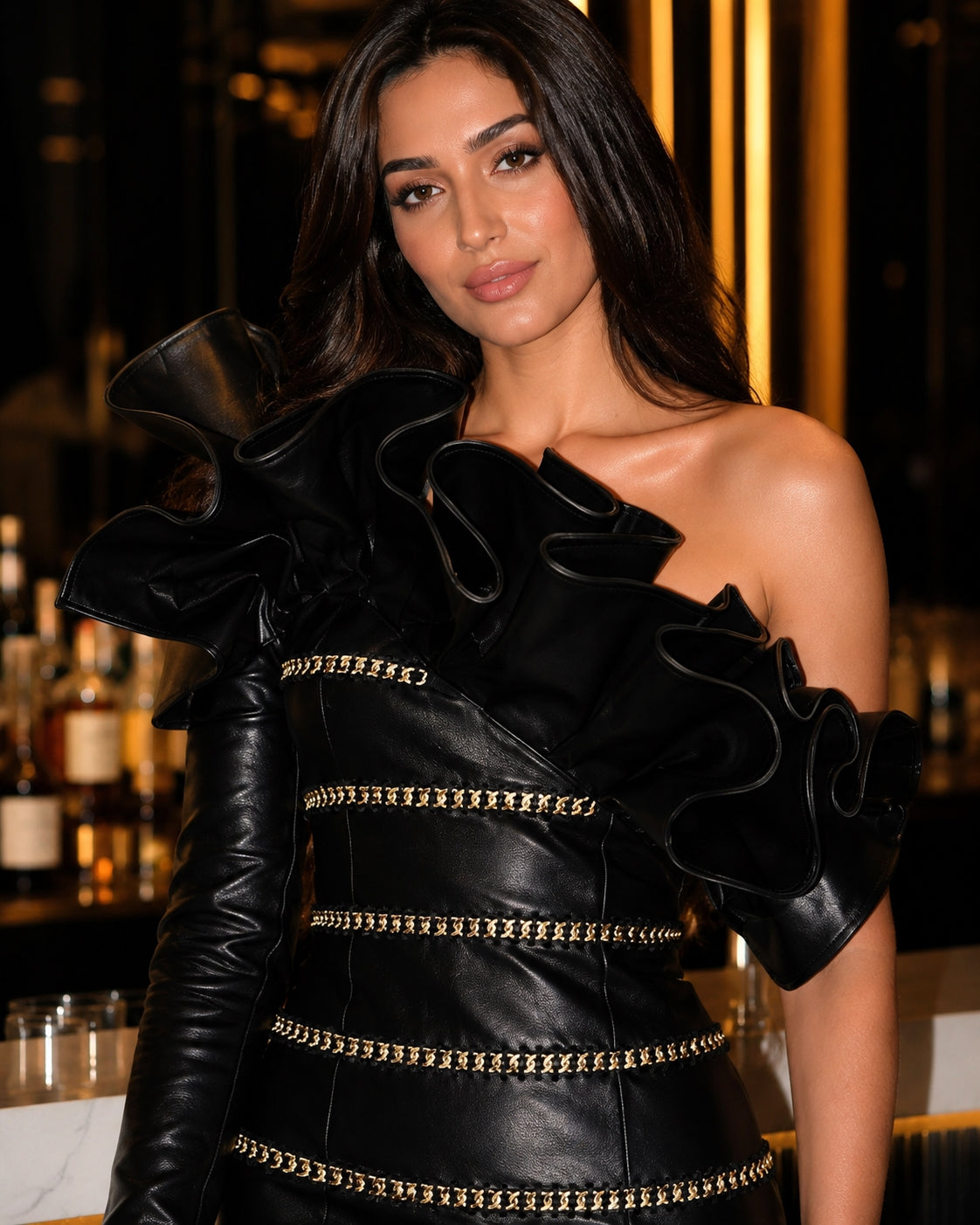 Elegant Socialite Fashion New Heavy Chain Three-Dimensional Ruffle Off-Shoulder Leather Dress Sexy Mini Dress