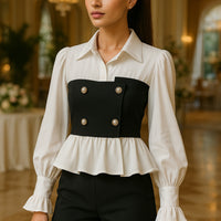 French Contrast Color Slim Shirts for Turn Down Collar Long Sleeve Bottoming Top Female Fashion Blouses