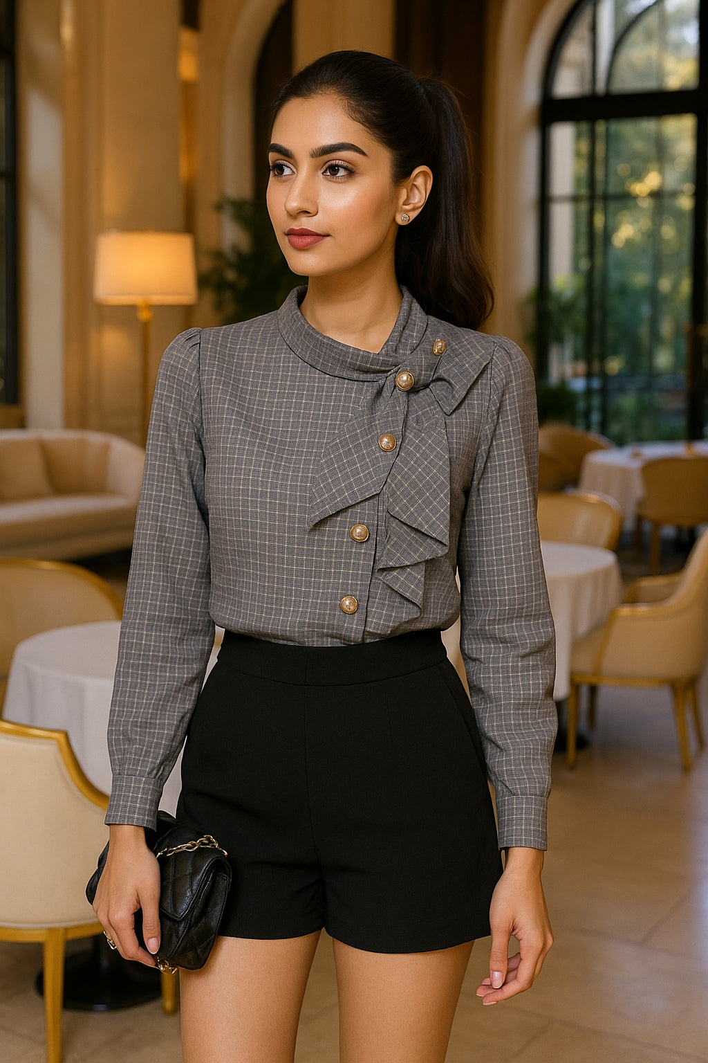 Elegant Plaid Long Sleeve Women's Shirt Vintage Design Simple Style Ageless Fashionable Top Quality Material