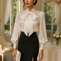 Style Shirt Female Bow Tie Collar Retro Bubble Long-Sleeved Elegant Blouse Women translucent