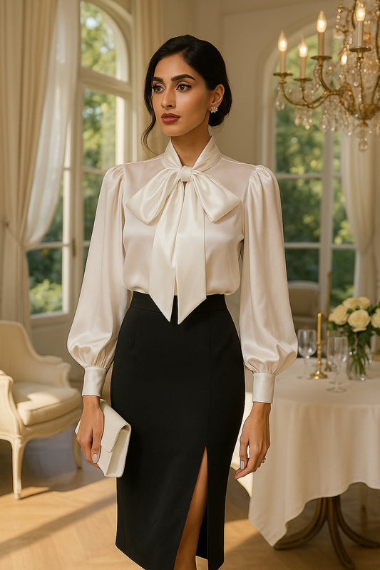 Style Shirt Female Bow Tie Collar Retro Bubble Long-Sleeved Elegant Blouse Women translucent