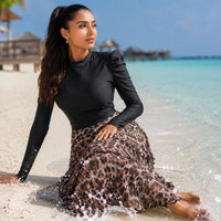 3pcs Muslim Burkini Modest swimsuit Black Long Sleeved Ladies Swimwear with Long Leopard Printed Dress beach swimsuit