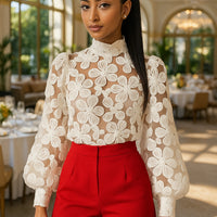 Luxury Fashion Jacquard See-through Shirts Women 3D Flower Long Sleeve Blouse Patchwork Tops Loose Design Lady Outerwear