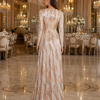 Round Neck Long Sleeved Sequin A Line Evening Dress Banquet Prom Maxi Wedding Bride Dress