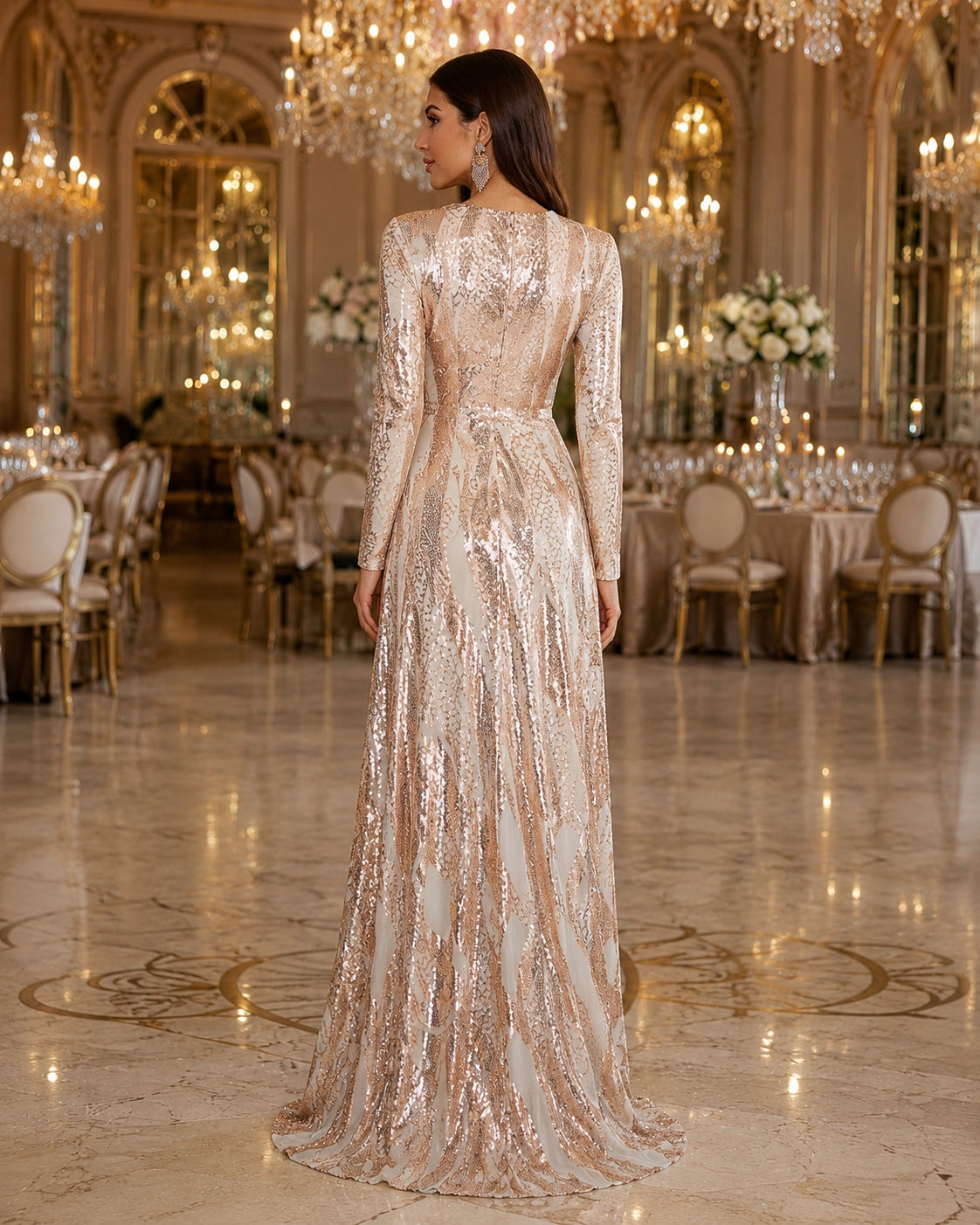 Round Neck Long Sleeved Sequin A Line Evening Dress Banquet Prom Maxi Wedding Bride Dress
