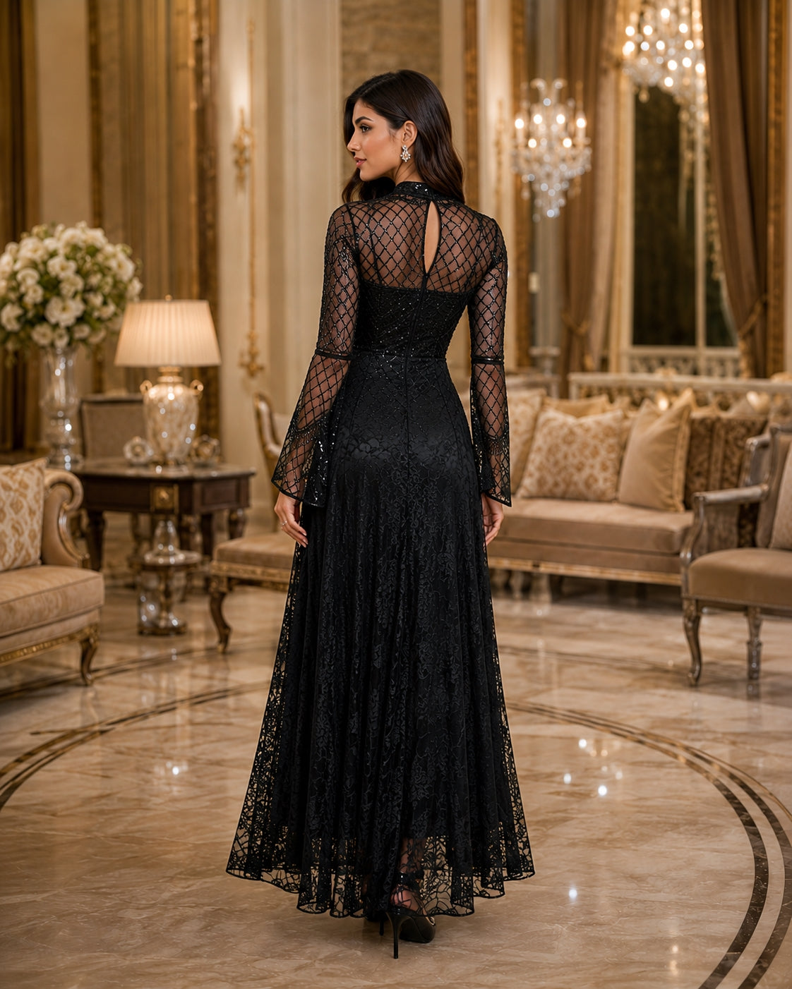 Black Lace Mermaid Elegant Evening Dress for Women High Neck Long Sleeve Sequins Party Dresses Prom Gowns Wedding