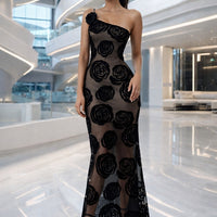 Holidays Club Party Dress Women Sexy Sheer Slim Party Dresses Elegant Floral Appliques Maxi Dress